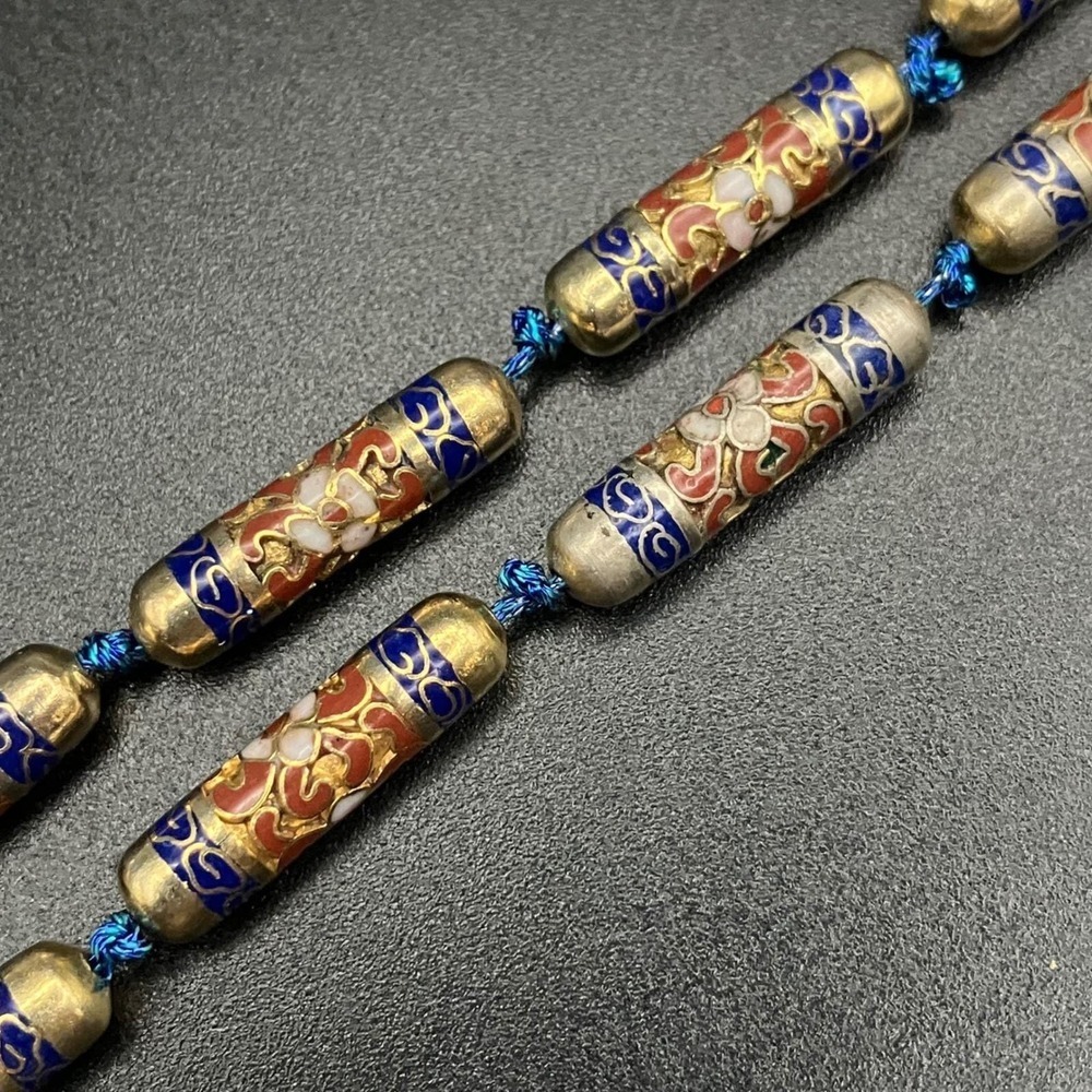 Vintage Cloisonne Enamel Necklace Floral Cylinder Blue Red Gold Beads 26" READ